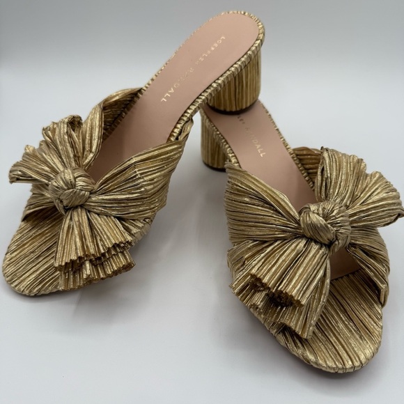 Loeffler Randall Emilia Gold Pleated Bow Heel Sandal Sz 8.5 B Stunning! - Picture 2 of 11